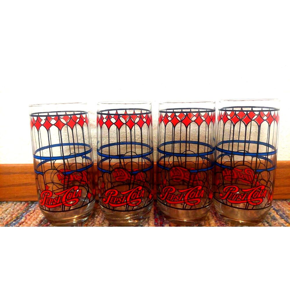 Vtg 1970s Pepsi Glass Tumblers Set 4 Tiffany Stained Glass Red Diamond 12oz Cups